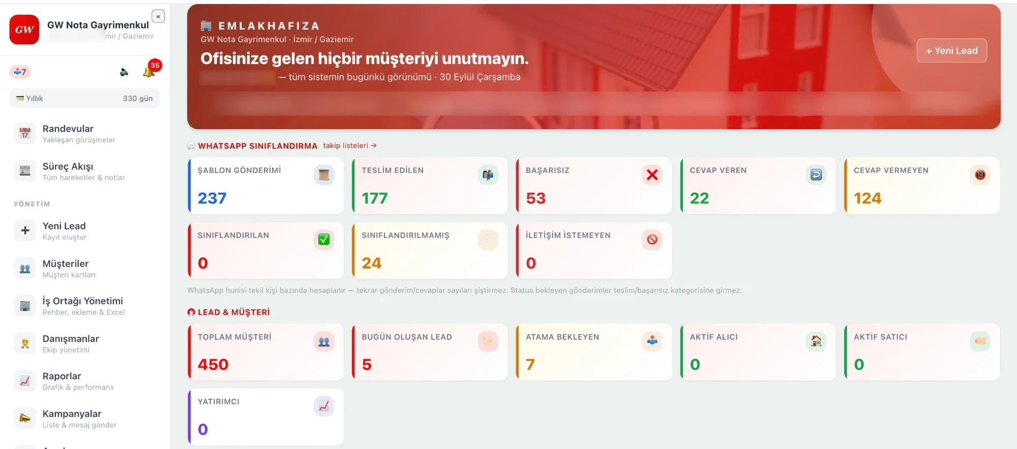 EmlakHafıza — Dashboard ekranı